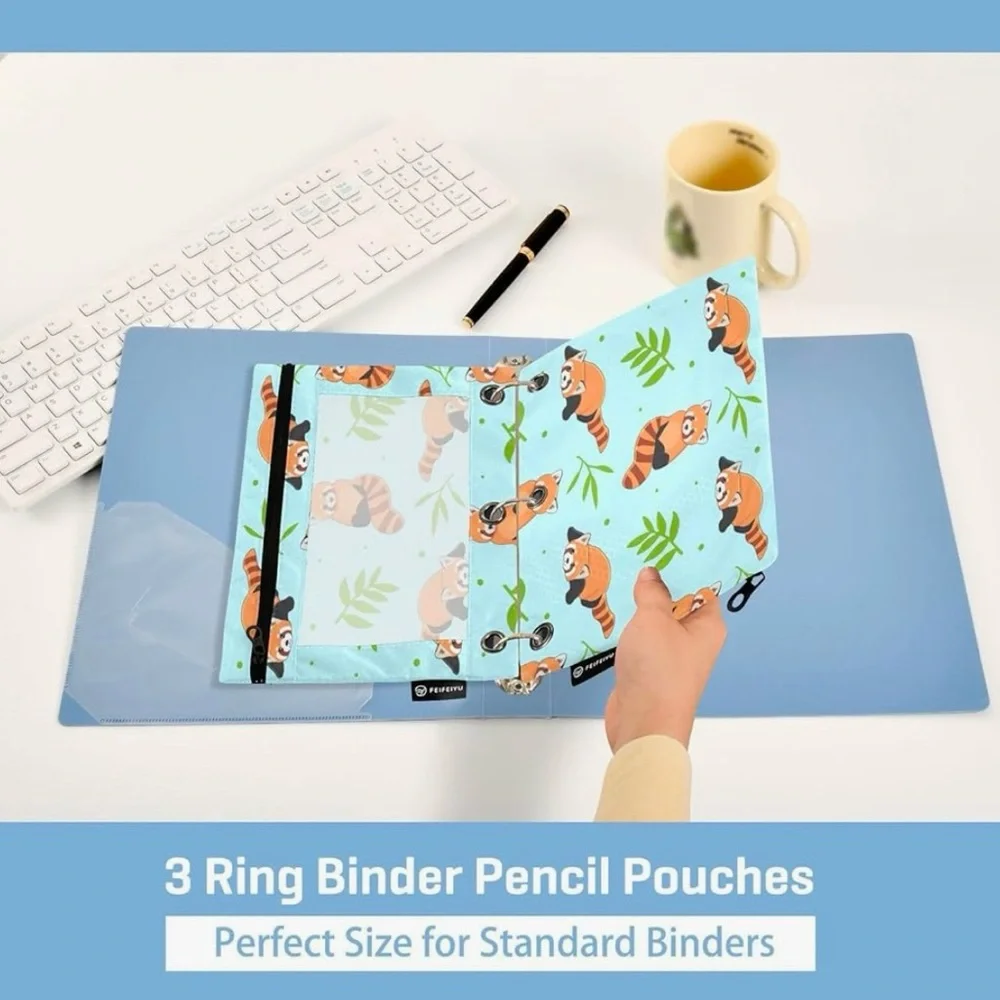 NWOT Feifeiyu Aqua Red Panda 3-Ring Binder Zippered Pencil Case